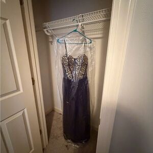 Elegant Navy Blue and Silver Prom Dress